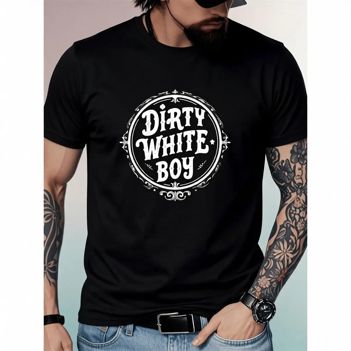 Men's Cotton "Dirty White Boy" Graphic T-Shirt - Black, Round Neck, Short Sleeve, Bold White Lettering, Streetwear Fashion, Casual Top for 2 Key Seasons