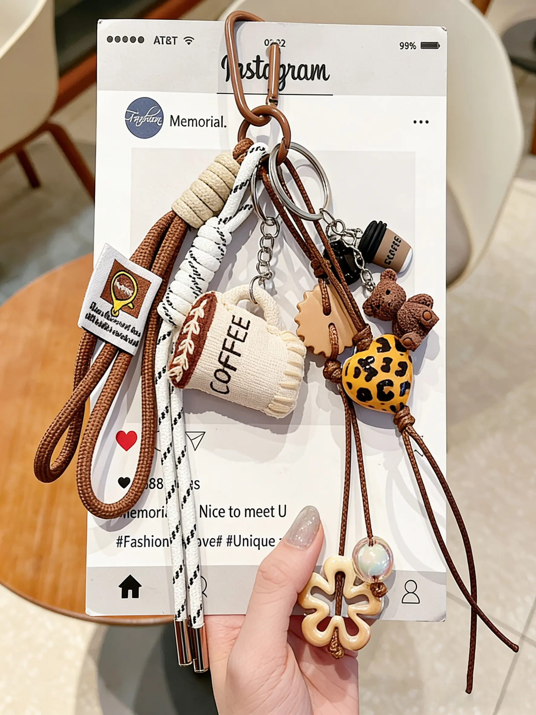 Croissant Bread Bag Charm + Leopard-Print Heart Design, Two-Tone Braided Rope Maillard Color Palette, Korean Retro Style Design for Bags and Keys, Trendy Bag Charms