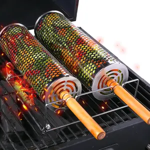 2Pcs/set Rolling Grill Baskets, Stainless Steel Grill Basket, Dishwasher Safe BBQ Grill Accessories Portable Grill Tool for Outdoor Grill for Fish, Shrimp, Meat, Vegetables, Fries Outdoor Cooking Camping