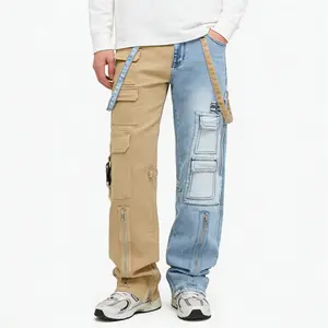 Men’s straight-leg loose cargo jeans with contrast zipper design, non-stretch fabric, comfortable and durable, stylish multifunctional pocket denim long pants, men’s plus sizes
