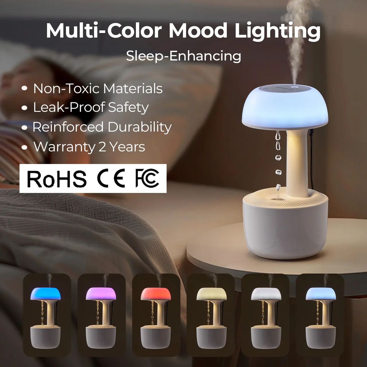 MUNBYN Anti-Gravity Water Drop Mist Humidifier, 7-Color LED Noiseless (38db) Auto-Cut Off Humidifier for Bedroom Users, 8-Hour Battery Life Quiet Diffuser, White Home Appliance Gift, Noiseless Humidifier