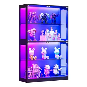 [SummerVibes]VanAcc Display Cabinet with RGB Lights, 4-Tier Storage Display Case for Collectibles, Adjustable Shelves, MDF and Tempered Glass, Black