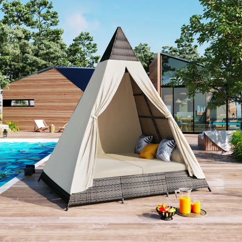 [Soiyelife] 90.5 "length outdoor sunbed with colorful pillows, wicker patio daytime with cushions, tent shape, Brown and Beige