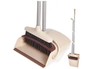 Broom and Dustpan Set with Long Handle, Light Weight Stainless Steel Poles Stand Upright Dustpans with Broom Combo for Home Kitchen Office Pet Dog Hair, Brown & Beige Color, 1-Pack