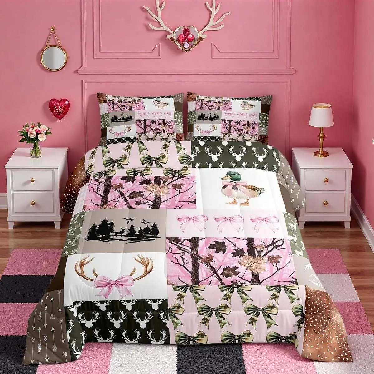 Hunting Pink Girls Bedding Set ,Mallard Duck Pink Bow Comforter Set for Kids Teens Room Camo Decor Farmhouse Rustic Bed Set