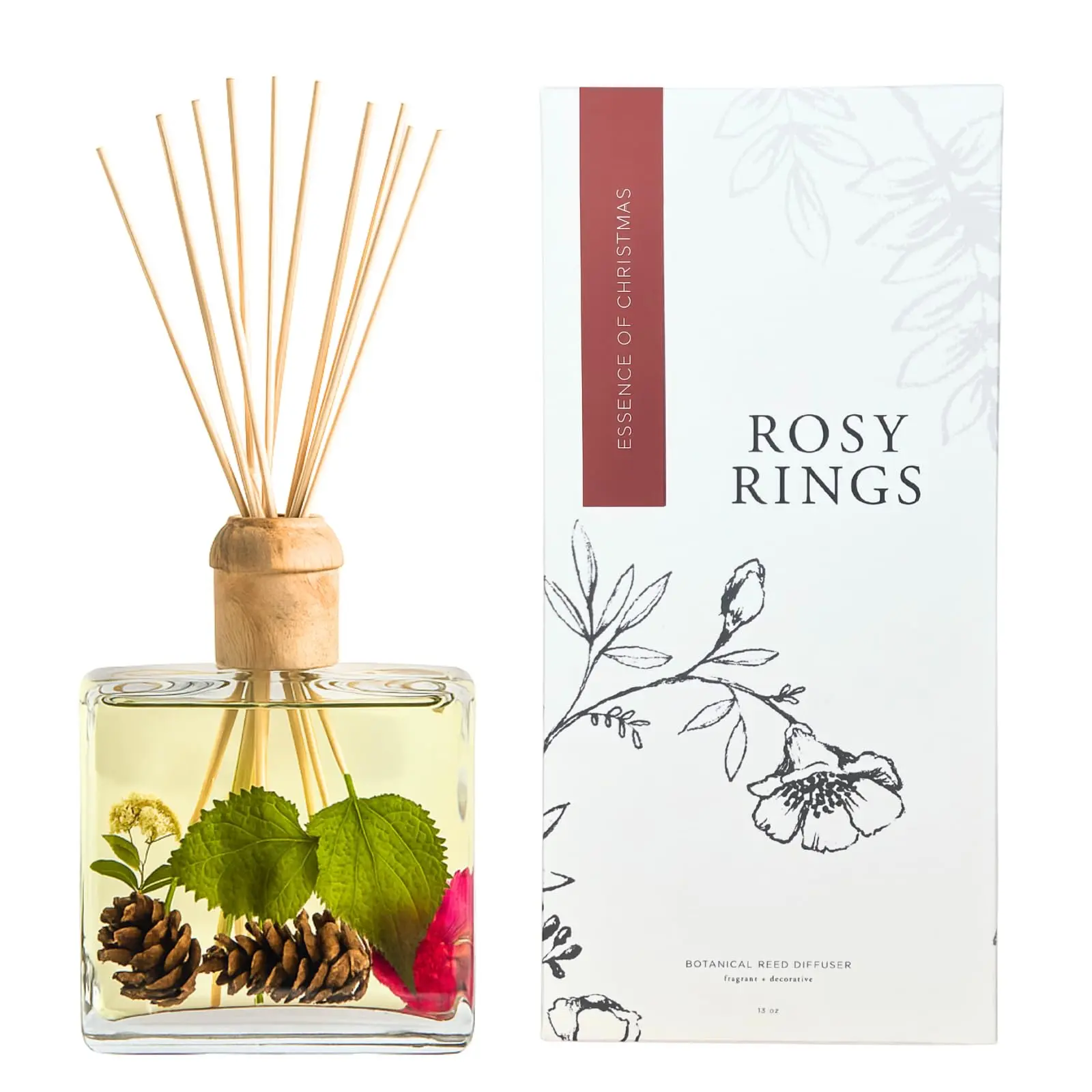 Rosy Rings Essence of Christmas Botanical Reed Diffuser 13oz – Lasts 6-12 Months Floral Aromatherapy Winter Home Fragrance Gift Notes of Eucalyptus, Balsam Fir, Cedarleaf, Pine Cone, Vetiver with Pine