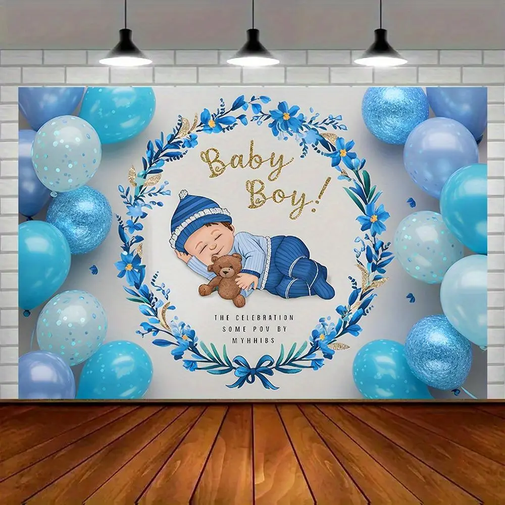 1pc Modern Farmhouse Baby Boy Shower Party Banner - Blue Golden Amber Glow Polyester Backdrop with Little Boy & Teddy Print, Ideal for Home Decor, Photo Props, Birthday Ornaments