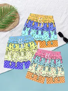 Boys' Beach Shorts Set of 3, Ice Cream Pattern, Summer New Cartoon Casual Pants, Cute Trendy Fashion Versatile Style, Casual Wear Shorts