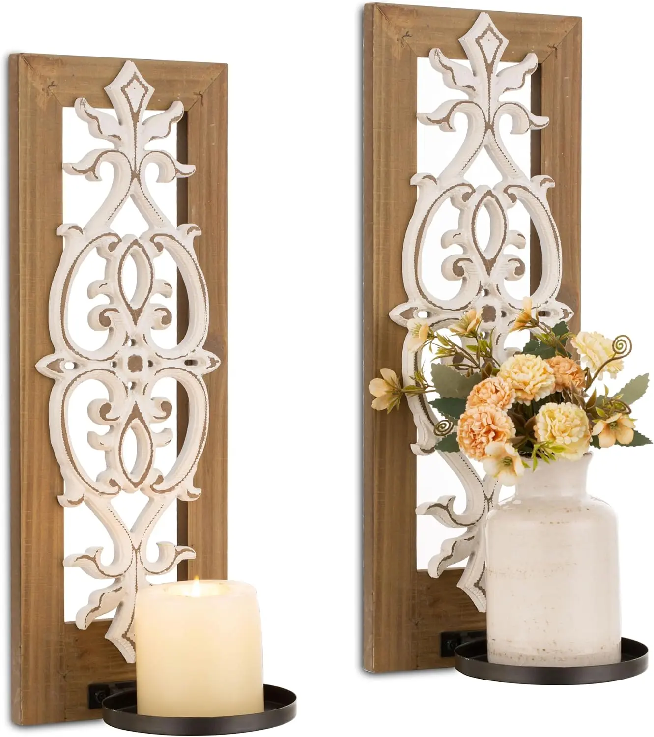 Farmhouse  Candle Sconces Wall Decor - Set of 2  Rustic Wall Candle Holder Decorative Carved Brown Candle Sconce Farmhouse Art Distressed Pillar Candles Holder for Fireplace Decor