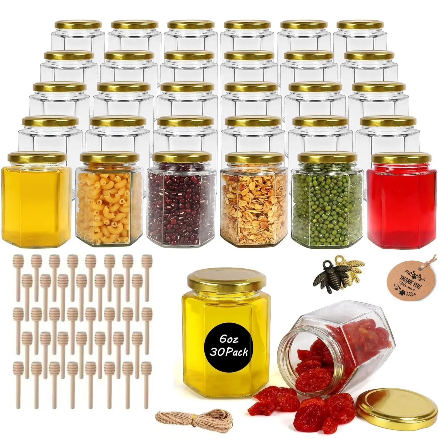 30-Pack 6oz Hexagon Glass Kitchen Canisters with Gold Lids - Thick Reusable Snack Containers, Food Storage Set with Wooden Dippers, Decorative Charms, Thank-You Stickers, Natural Twine for Jams, Wedding Favors, Kitchen Accessories, Canister