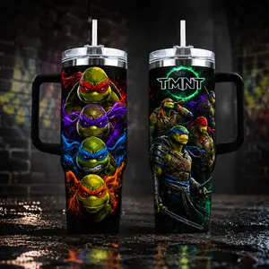 TMNT Tumbler 40oz with Handle & Straw | Ninja Turtle Stainless Steel Travel Mug | Teenage Mutant Ninja Turtles Cup | Raphael Leonardo Donatello Michelangelo Gift for Fans | Insulated Coffee Tumbler for Men Women Kids