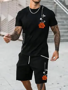 Men's Rose Print Drawstring Waist Shorts Set, Regular Fit Short Sleeve Round Neck T-shirt & Pocket Shorts, Summer Outfits 2024, Casual Summer Clothes for Men, Menswear
