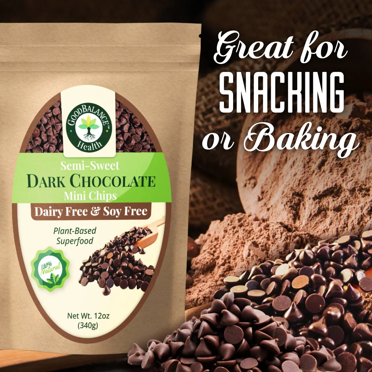 Good Balance Health Dark Chocolate Mimi Chips  Semi Sweet, Dairy Free, Soy Free, Melting Chocolate for Deserts, Baking, Fondue, Dipping, Decorations, 2 Resealable Bag, 12 ounces each 24oz total
