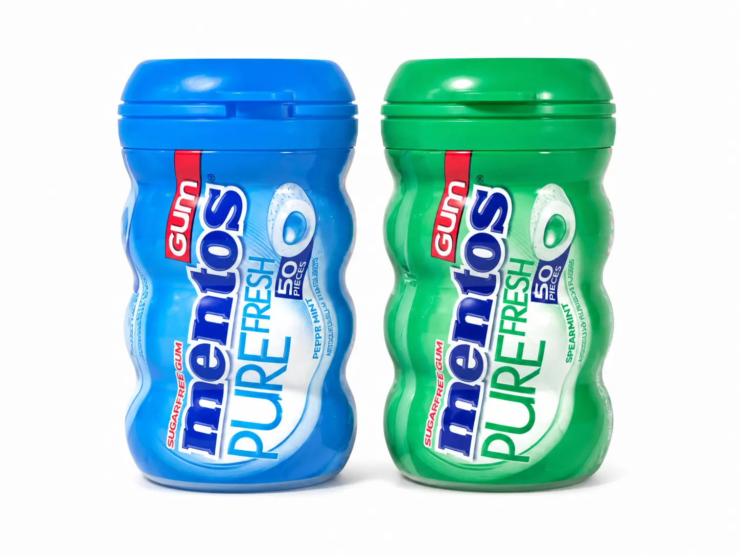 Mentos Pure Fresh Sugar-Free Chewing Gum with Xylitol, Spearmint & Fresh Mint Variety Pack, Long-Lasting Fresh Breath, 90% Recyclable Curvy Bottle, 50 Pieces Each, Pack of 2