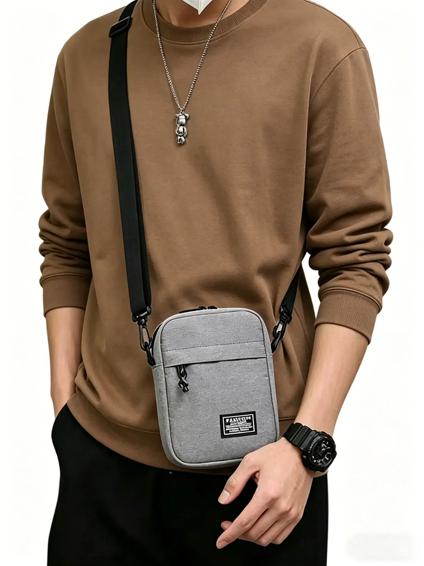 Men's Small Black Canvas Crossbody Bag, Adjustable Strap Sling Shoulder Pouch, Lightweight Phone Bag for Everyday Carry & Street Style, Casual Fashion Bag