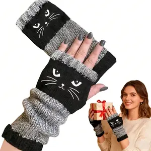 2026 Women'S Winter Warm Fingerless Gloves with Cute Cat Face & Paw Print Design - Thickened Insulated Non-Elastic Touchscreen Compatible Gloves for Outdoor Sports, Driving, Cycling, Daily Casual Wear - Stylish Cold-Weather Hand (Hand Washable