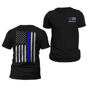 Police Thin Blue Line Flag Front & Back Print Vertical Brushed Design T-Shirt Casual Classic
