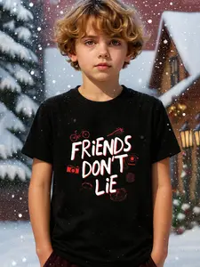 Kids Stranger Style Up Side Down Things Shirt, Graphic Print Top with "Friends Don't Lie" Text and Icons, Machine Washable Casual Day Out Outfit ,Short Sleeve Casual Sports Tee for Teens,Mike,Lucas,Eleven,Dustin,Demodogs,Hawkins Fans Gift