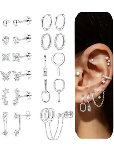 Fashionable 11 Pairs Silvery Small Huggie Hoop Earrings Lightweight Double Piercing Chain Stainless Steel Copper Earrings Dainty Stud Earrings Hypoallergenic Hoop Earrings Set Dangle Hoop Earrings