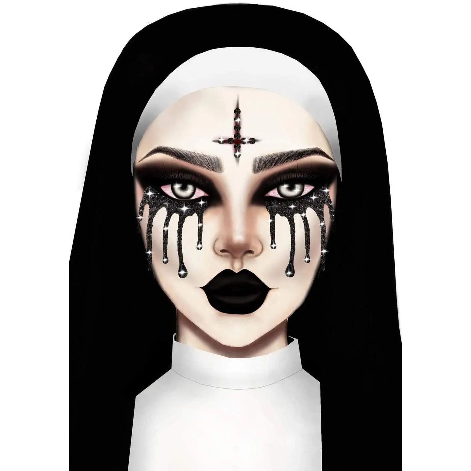 Evil Nun Adhesive Nail Art Rhinestones Stickers - Halloween Jewelry with Face Gems, Adhesive Jewels, All-Day Shine for Nail Art, Body Decor, Costume, Beauty Products, Carnival, Nail Charms