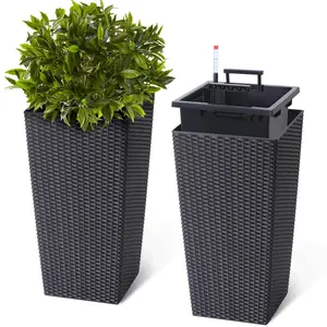 Garvee 22 Inch Tall Planter Set of 2 Large Rattan Flower Pot with 2 Trays & Wheels, Large Planters for Outdoor and Indoor Plants with Self Watering for Patio, Living Room, Office, Front Porch Decor, Black