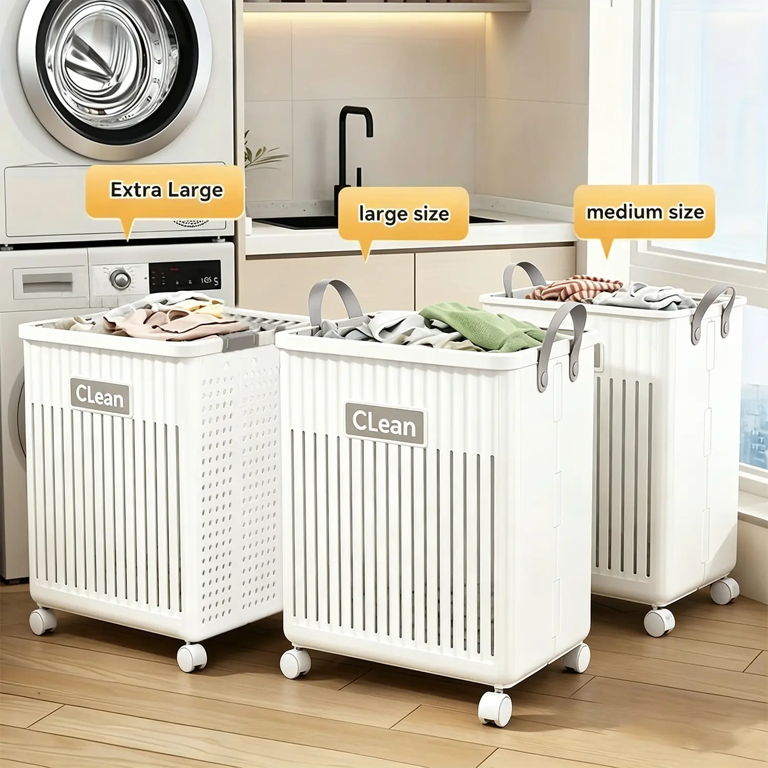 laundry basket  - Large Capacity Foldable Rolling Laundry Basket Without Lid, Faux Leather Solid Color Portable Multi-purpose Storage Hamper with Wheels, Multiple Sizes Available, Laundry Accessories Organizer for Bathroom, Balcony & Laundry Room