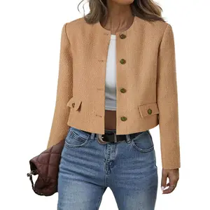Lannew Womens Cropped Tweed Blazer Collarless Button Down Bomber Jacket Business Casual Fall Outfits