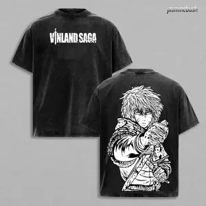 Thorfinn Vinland Saga Oversized Tee, Washed Vintage Viking Anime Shirt, Heavy Cotton Double Printed Menswear Top Underwear T-Shirt Unisex Oversize Manga Casual Breathable Design Round Neck