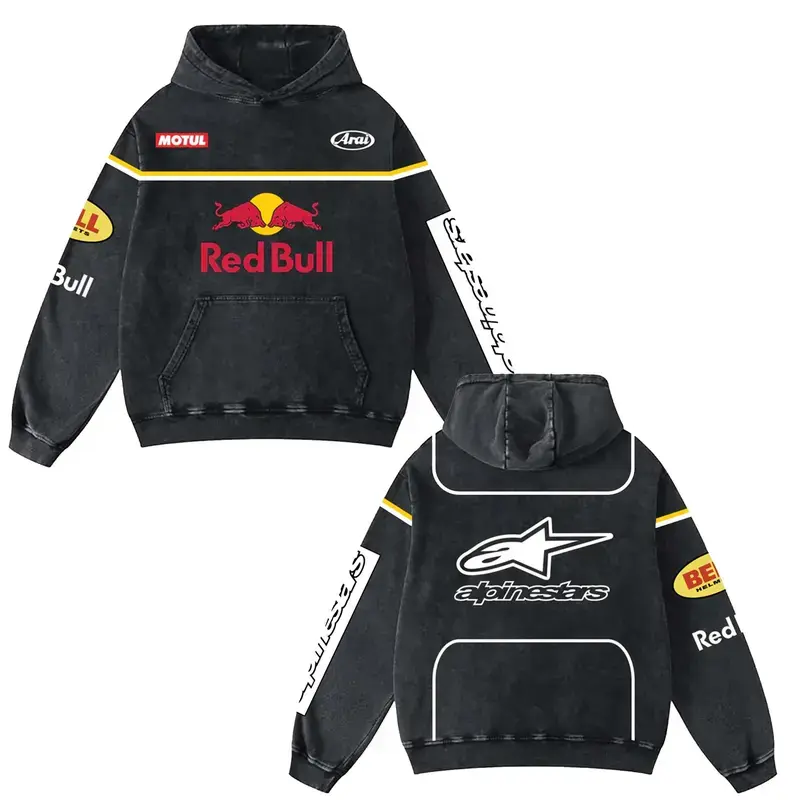 Retro Racing Washed Hoodie MotoGP World Champion Enthusiast Apparel Streetwear Akrapovic Helmet Racing Team Super Motorsports Clothing Riders Motocross Off-Road Dirt Bike Fan Gear Cotton