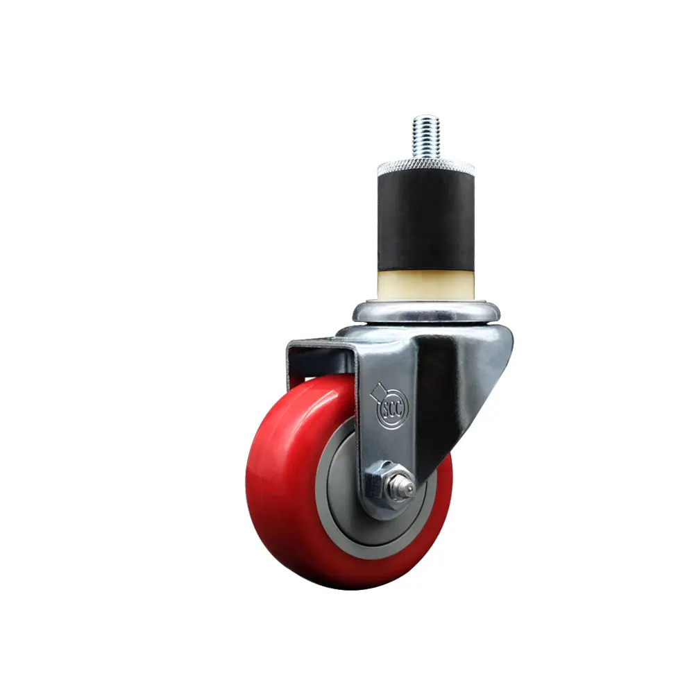 Service Caster SCC-EX20S314-PPUB-RED-178 Polyurethane Expanding Stem Swivel Casters, 3 in. Red Wheel, 1.87 in. Shaft Length, 300 lbs Capacity, Bright Zinc Plated Finish, Ideal for Shop Projects, Work Tables