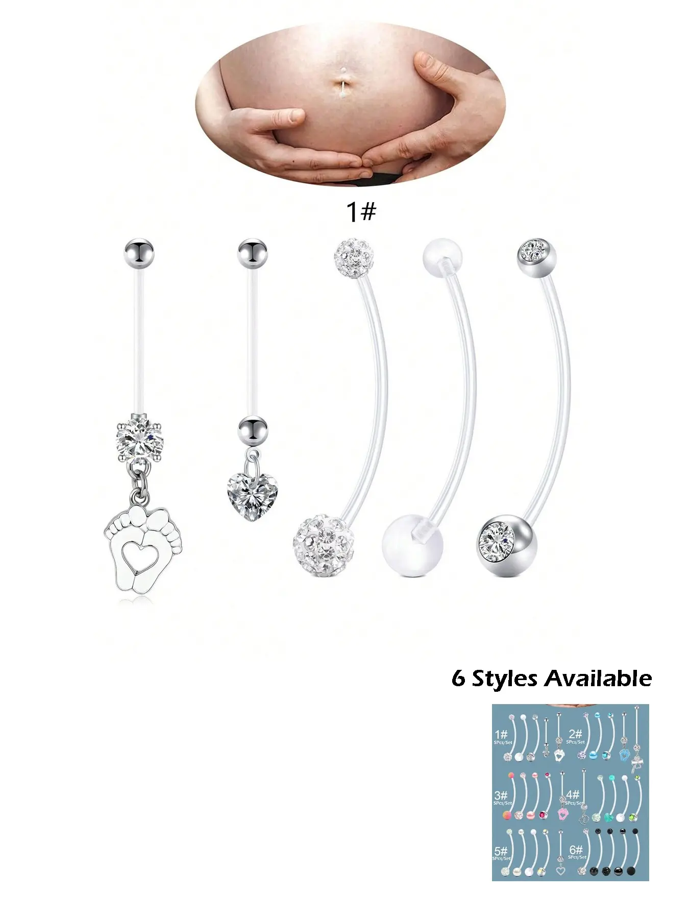 5pcs 14G Pregnancy Belly Button Ring Mix Style Flexible Clear Acrylic Pregnancy Navel Piercing Retainer Maternity Bioplast Long Belly Dangle Button Ring Retainer For Woman 25-38mm Belly Hoops Body Jewelry