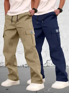 Men's Spring Autumn Work Pants, Fashion Multi-Pocket Design, Casual Straight Leg Long Trousers, Fitted Woven Fabric, Moderate Thickness