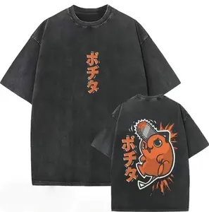 valentine shirts Anime Chainsaw Man WashedRetro T-shirt Cartoon Denji Pochita FunnyGraphic T Shirt Men Women Manga VintageOversized T-shirts