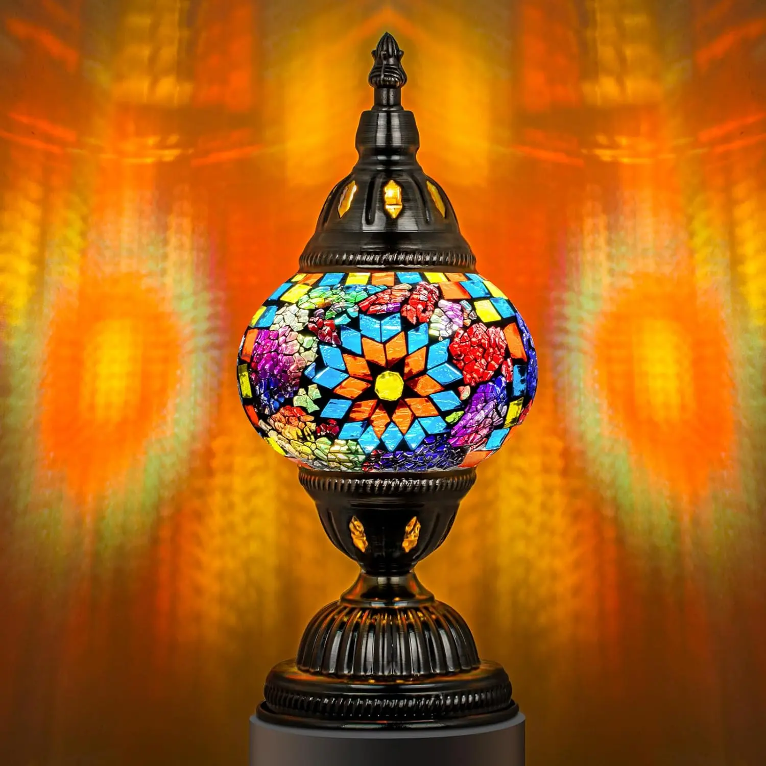 Turkish Table Lamp with Bronze Base，Handmade Colorful Moroccan Tiffany Style Mosaic Glass Night Stand Light Fixture Including LED Bulb for Living Room Bedroom Decor (Colorful1)