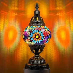 Turkish Table Lamp with Bronze Base，Handmade Colorful Moroccan Tiffany Style Mosaic Glass Night Stand Light Fixture Including LED Bulb for Living Room Bedroom Decor (Colorful1)