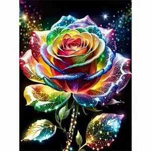 Magical Rainbow Glitter Rose Diamond Painting Kit, Colorful Sparkly Flower with Starlight, 5D Full Drill Round & Square Rhinestone Cross Stitch, Fantasy Floral Art, Romantic Love Home Decor, Flower Lover DIY Craft Gift