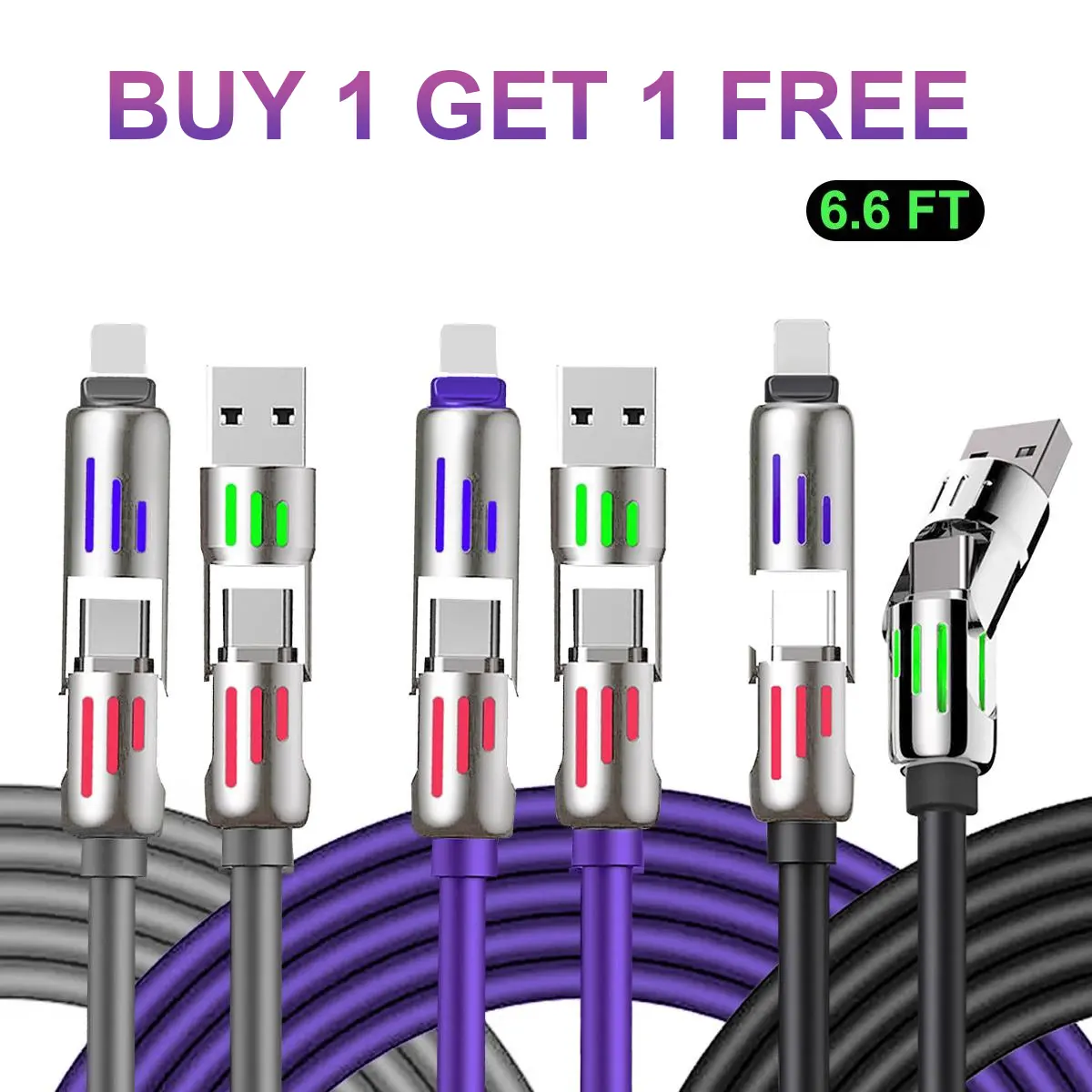 【Buy 1 Get 1 Free】6.6FT 4-in-1 USB-C Cable, PD Fast Charging, For Data Sync, USB-A, Type-C, Light.ning, Aluminum, Portable Charger, Compatible Smartphone Cellphone