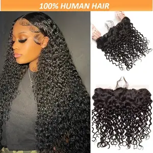 Wholesale Hot New 13*4 Water Wave Transparent Lace Frontal Human Hair Closure Deep Wave Frontal Pre Plucked with Baby Hair Ear to Ear Transparent Lace Frontal Closure Christmas wig