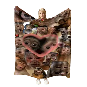 Monkey Heart Expressions Flannel Blanket - Premium Flannel Material Soft Plush Throw with Love Happiness Monkey Faces for Couch Bed Office Living Room Travel Camping Mother's Day Valentine's Day Birthday Christmas Gift