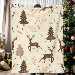 Christmas Vintage Deer & Forest Print Blanket Lightweight Flannel Throw Blanket Soft Warm All-Season Cozy  Brown White  Multiple Sizes for Couch Camping Travel Gifts  Machine Washable Polyester Holiday Decor  Perfect for Home Office Outdoor