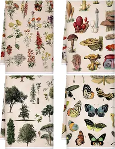 4 Pcs Mushroom Kitchen Towels Vintage Cottage Core Decor Hand Towels Butterfly Plant Wildflower Tea Absorbent Dishcloth Witch Fairy Decoration for Home Bathroom Housewarming Gift Spring Holiday