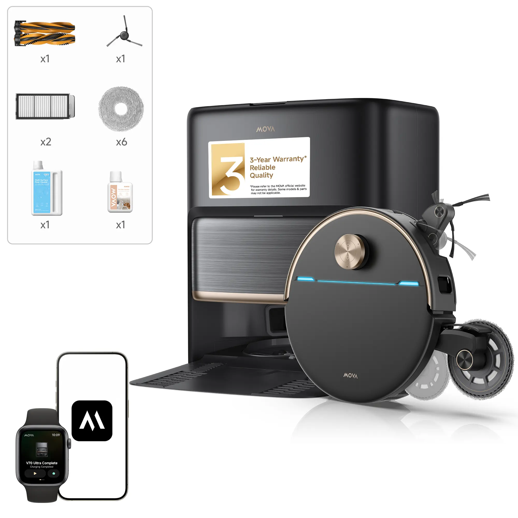 MOVA V70 Robot Vacuum & Mop | World's 1st Dual UltraExtend Arms (17cm Mop+12cm Side Brush) Zero Dead-Zones; 42,000Pa Suction, 15N Pressure & 300RPM; 9cm StepMaster Climb, 100°C Hot Self-Clean & Fast Dry, EcoCyclone Bagless Tank, Dual-Laser RGB AI