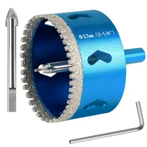 Diamond Hole Saw Bits with Pilot Drill Bit, 2-1/4" Serrated Brazing Tile Hole Saw Diamond Tipped Drill Bits for Porcelain Tile Ceramic Stone Granite Marble Glass Bottles