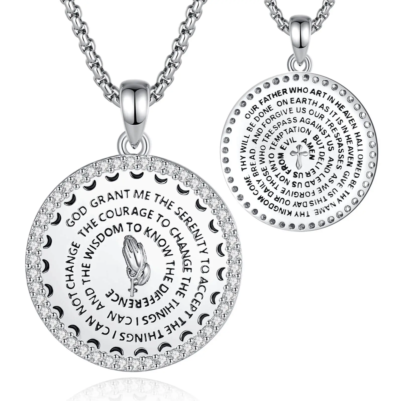 Eudora S925 Sliver Bible Verse Pendant, Serenity Prayer with CZ, Christian Jewelry for Men & Women, Inspirational Faith Necklace, God's Faith Prayer Gift