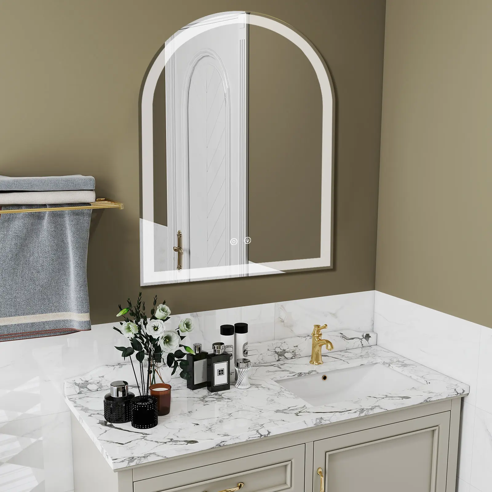 Arch-Shaped Smart LED Bathroom Mirror | Anti-Fog Vanity Mirror with Dual Light Strips, 3 Color Temperatures & Memory Dimming | Wall-Mounted Illuminated Mirror for Modern Bathrooms