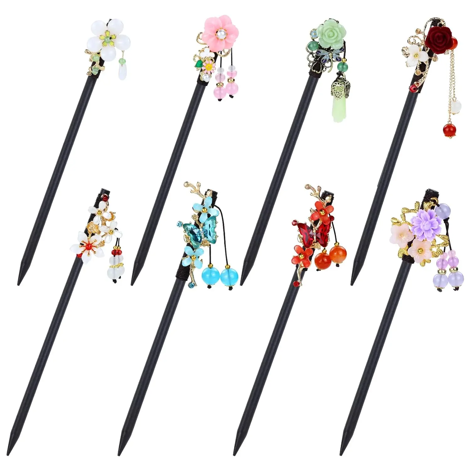 Women's 8-Pack 18cm Retro Ethnic Chinese Hanfu Wooden Hair Sticks - Fashion Hair Accessories with Flowers for Ceremony, Beauty & Personal Care Styling Needs