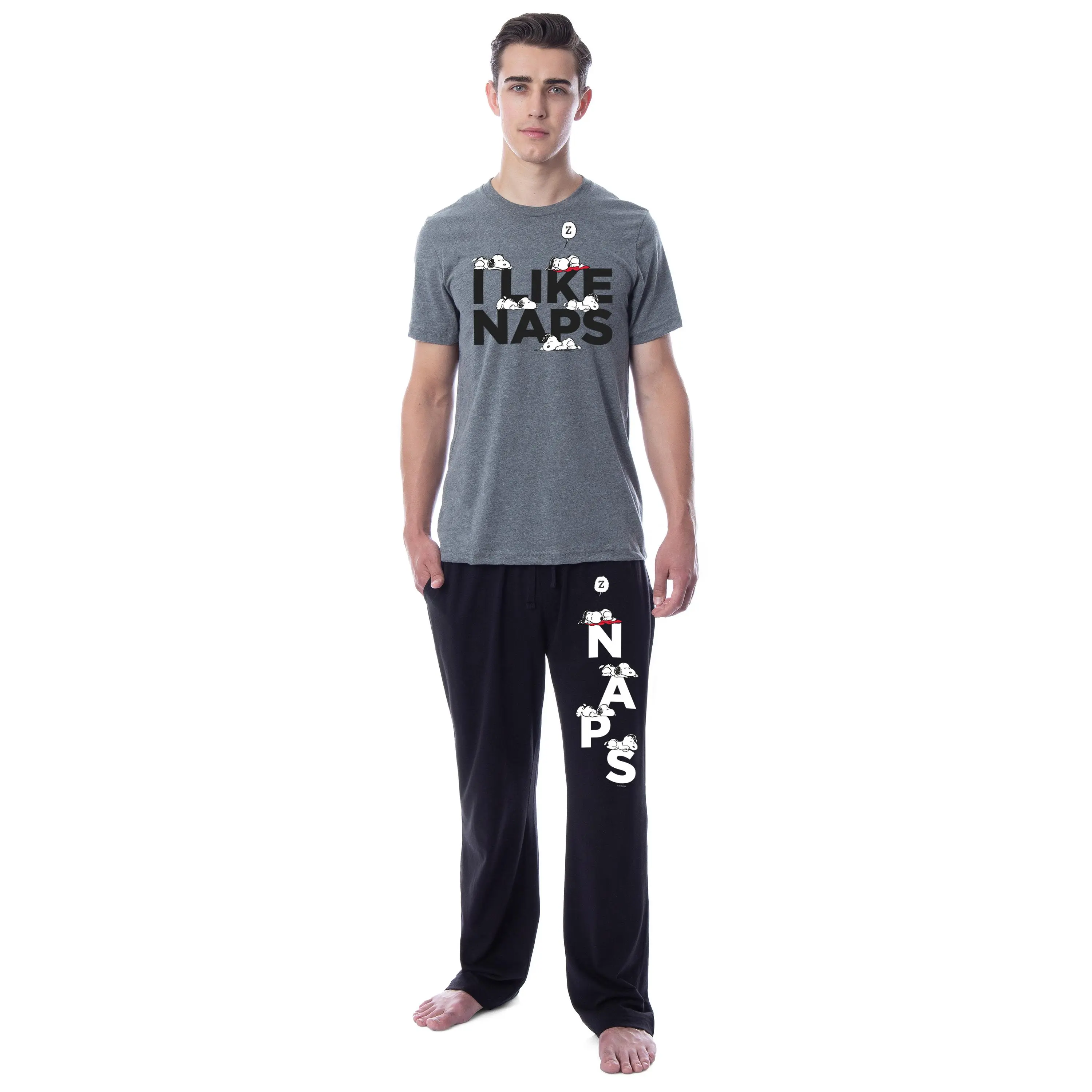 Peanuts Mens' Snoopy I Like Naps Character Sleep Pajama Set Shirt Pants, Nightwear, Fabric