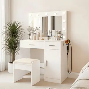 XWWUA Modern Vanity Desk With Lighted Mirror And Charging Station