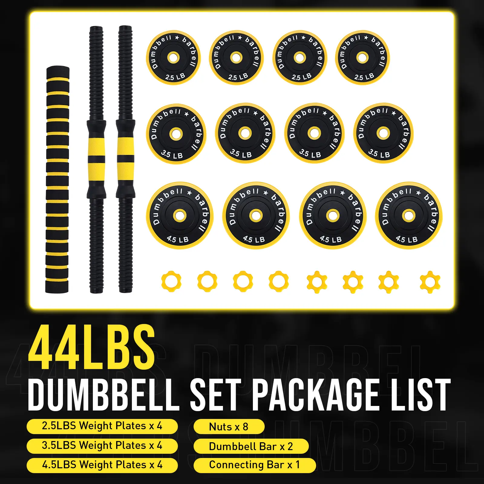 44 LBS Adjustable 2-in-1 Dumbbell-Barbell Set, Multi-Functional Free Weights with Extra-Comfort Foam Handles & Connector, Heavy Duty Space-Saving Home Gym Equipment for Full Body Workout, Resistance Training, Arm Strength Training (Yellow & Black), Adjust