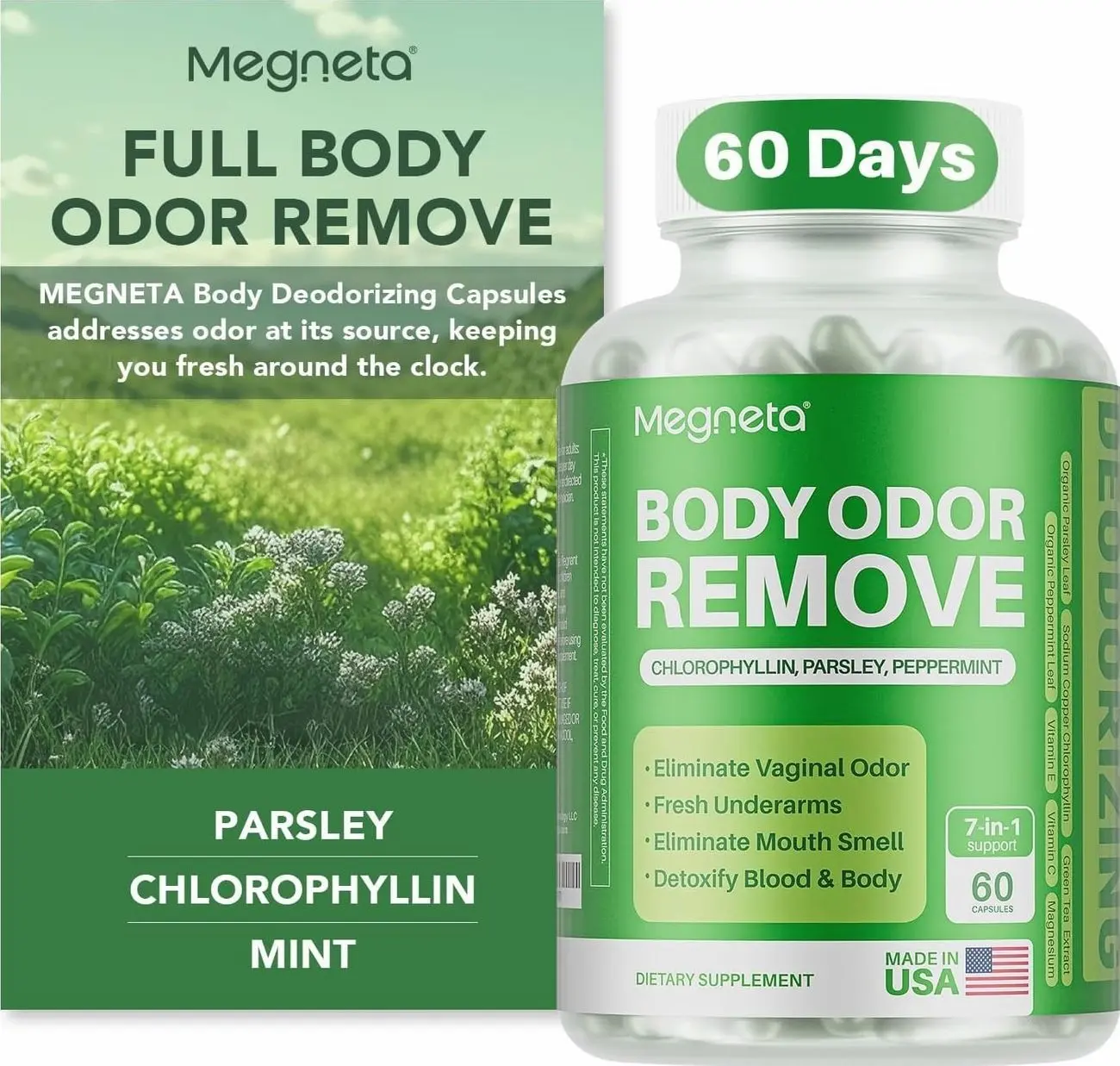 Body Deodorizing Supplement, Natural Internal Odor Control Pills for Men & Women, Chlorophyll Capsules for Skin, Breath, and Gut Health (60 Capsules)